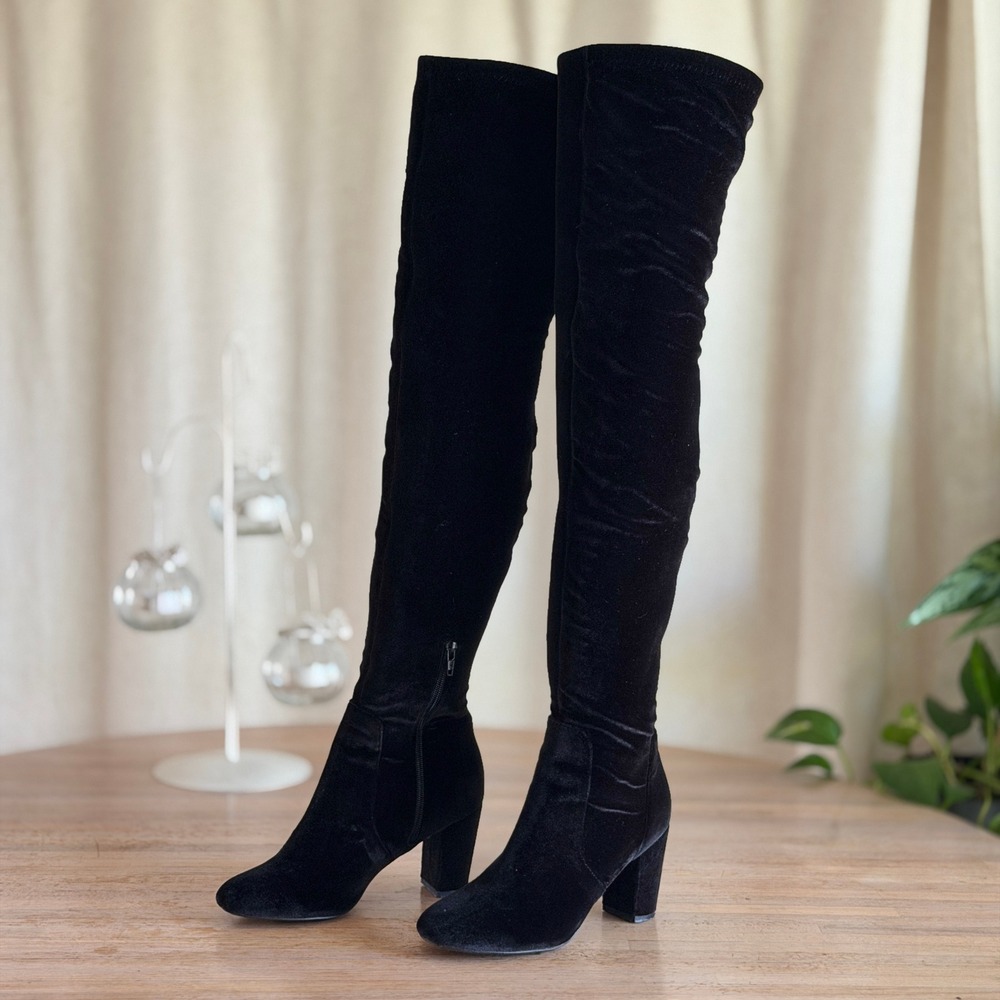 Black Velvet Over The Knee Block Heel Boots 6.5 Stretch Side Zip Tall Boot Goth